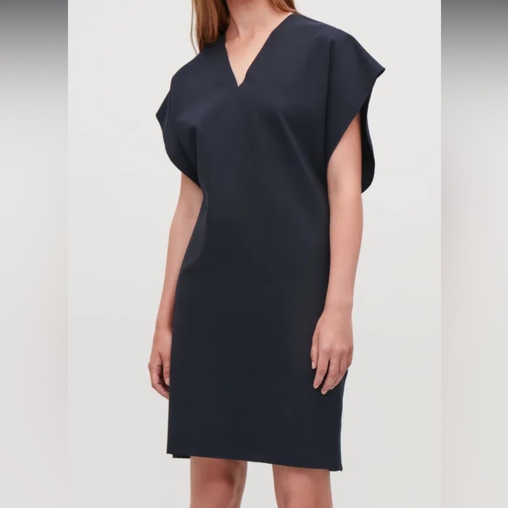 COS Women's Size Small Cap Sleeve Dress Navy Blue Ponte Knit Stretch Belted